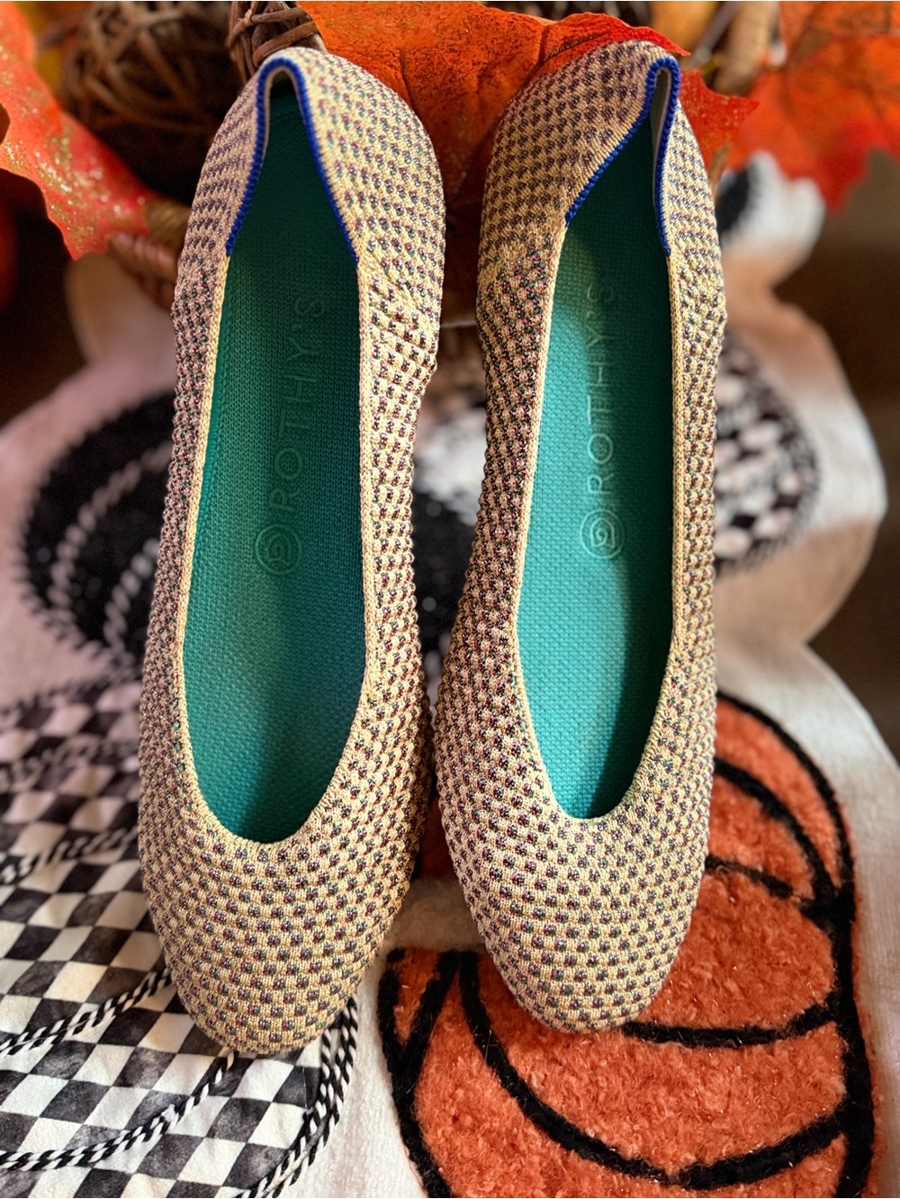 Rothy's Multicolor Woven Pointed Flats with Teal Insole